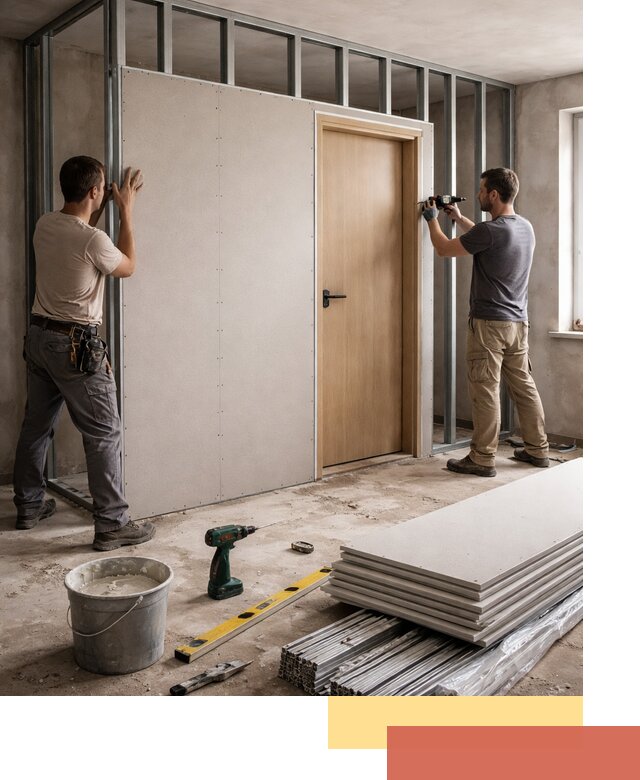 Перегородка из гипсокартона с дверью под ключ в Северске