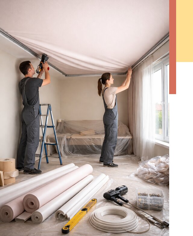 Монтаж цветного натяжного потолка в Северске от 4366 руб/м² — быстро и недорого | ОТДЕЛОЧНИК-Свк