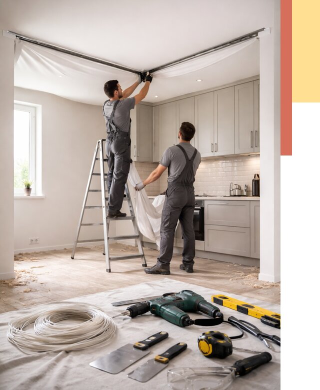 Установка натяжного потолка на кухне в Северске от 2495 руб. | ОТДЕЛОЧНИК-Свк