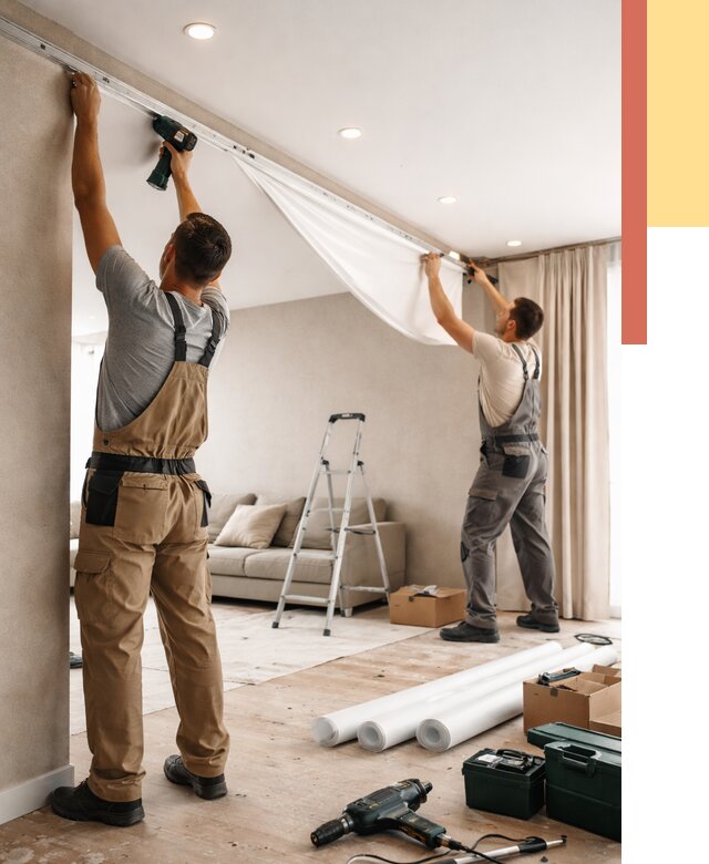 Монтаж натяжного потолка в гостиной в Северске от 572 руб. | ОТДЕЛОЧНИК-Свк